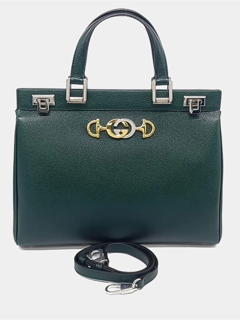 GUCCI Zumi Medium Forest Green Calfskin Grain Leather Top Handle Tote Bag EUC
